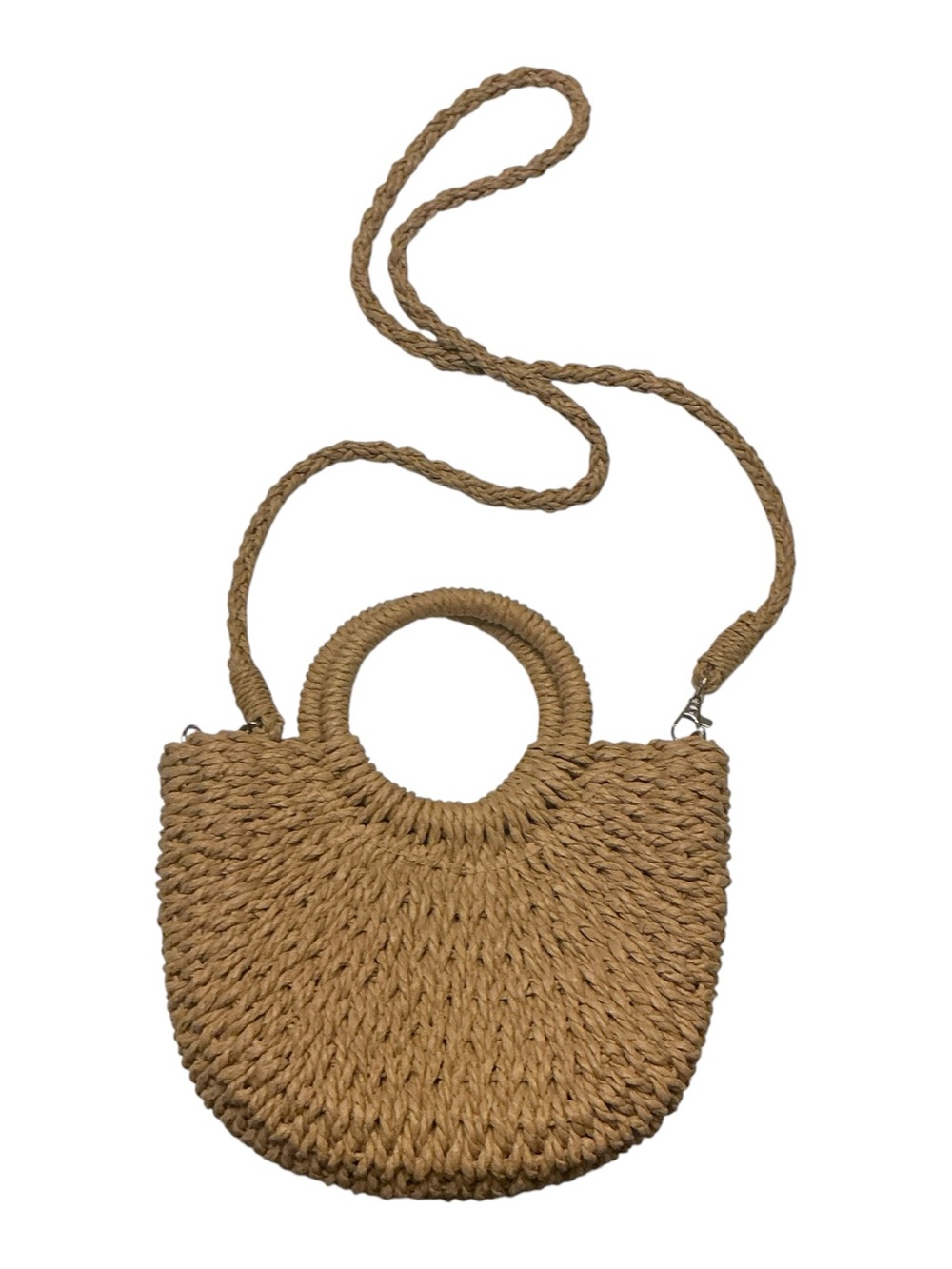 SHEIN Natural Tan Woven Straw Half Moon Circle-Handle Crossbody Bag